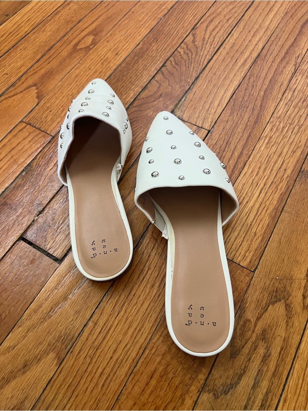 White Studded Pointed-Toe Slip-On Mules